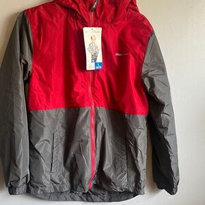 Eddie Bauer reversible Red and Gray Hooded Kids Rain Jacket